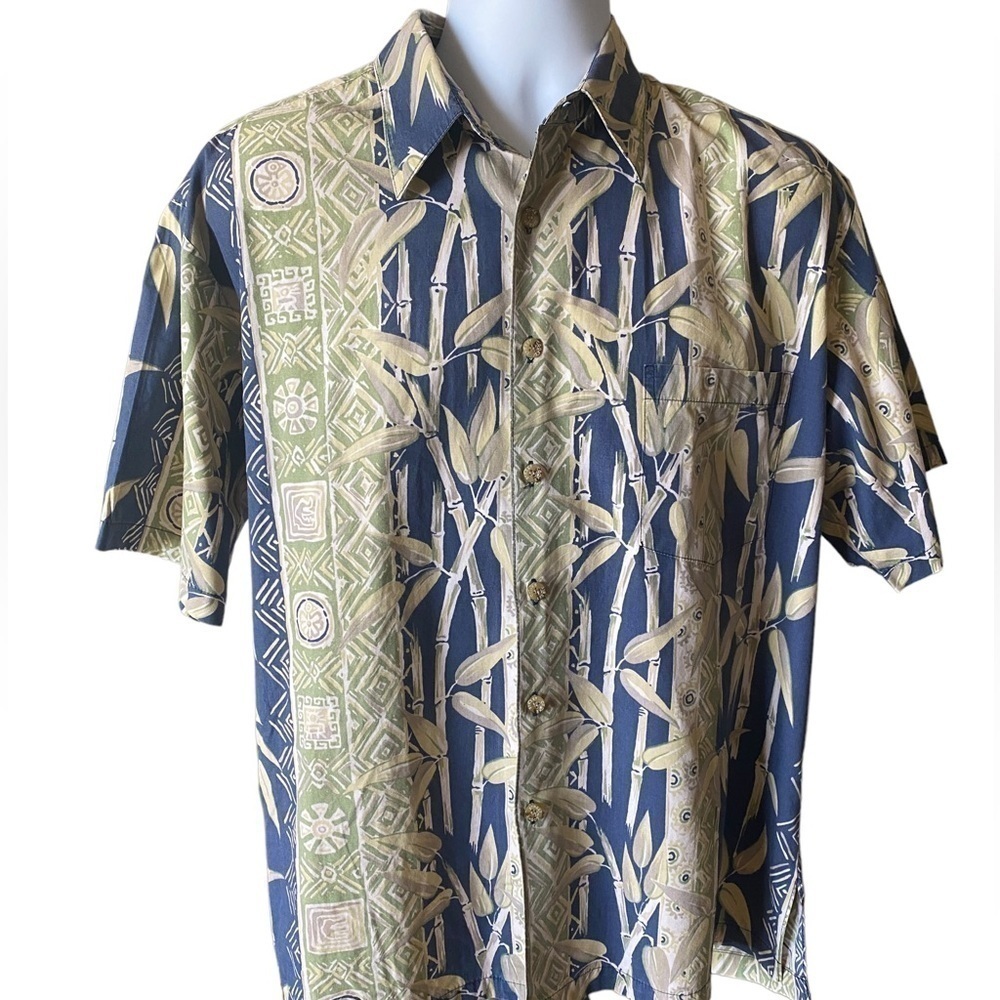 COOKE STREET Blue & Green Bamboo Aloha Hawaiian Shirt Men L Large